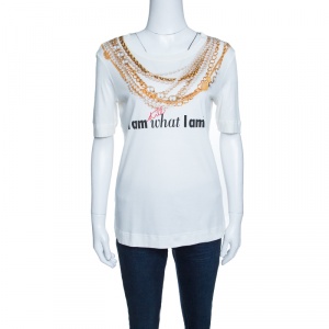 Moschino 30th Anniversary Off White Necklace and Slogan Print Cotton T-Shirt S