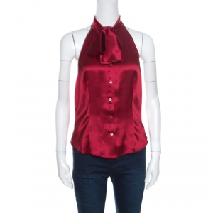 Moschino Maroon Silk Tie Front Buttoned Halter Top M