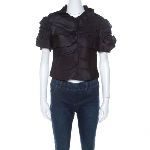 Pre Owned Moschino Black Ruffle Satin Crepe Short Sleeve Blouse  S