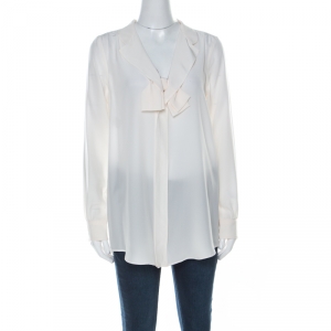 Moschino Cream Silk Crepe de Chine Bow Detail Long Sleeve Blouse M