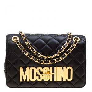 Pre Owned Moschino Black Quilted Leather Logo Flap Shoulder Bag