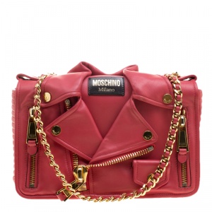 Pre Owned Moschino Coral Pink Leather Capsule Biker Jacket Shoulder Bag 