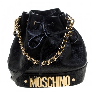 مملوكة مسبقًا Moschino Black Leather Drawstring Bucket Bag