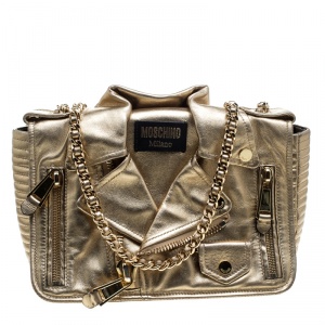 Pre Owned Moschino Gold Leather Large Capsule Biker Jacket Shoulder Bag 