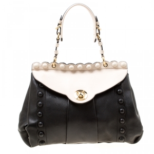 Pre Owned Moschino Black/Beige Leather Satchel 