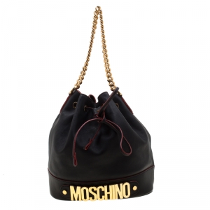 مملوكة مسبقًا Moschino Black Leather Logo Drawstring Bucket  Bag