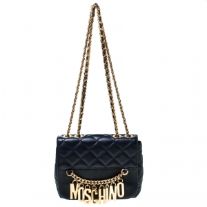 Pre Owned Moschino Navy Blue Quilted Leather Flap Shoulder Bag 