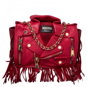 Moschino Red Leather and Suede Fringed Moto Jacket Bag