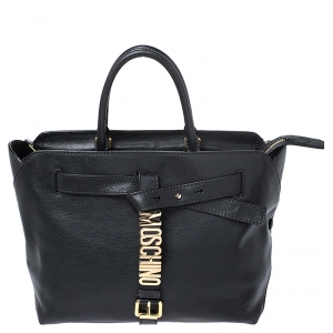 Pre Owned Moschino Black Leather Logo Buckle Tote 
