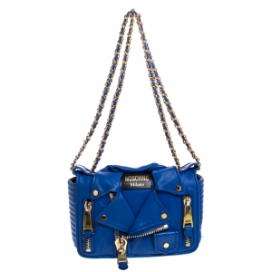 Pre Owned Moschino Blue Leather Capsule Biker Jacket Shoulder Bag