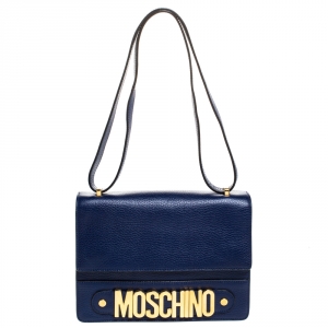 Pre Owned Moschino Blue Leather Logo Flap Shoulder Bag