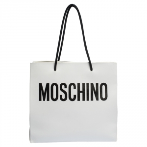 Pre Owned Moschino White/Black Leather Logo Shopping Tote
