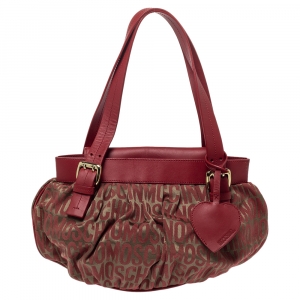 Moschino Red Signature Jacquard Fabric and Leather Heart Charm Hobo