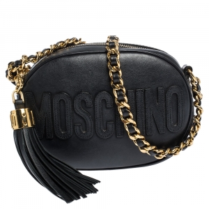 Moschino Black Leather Logo Oval Crossbody Bag