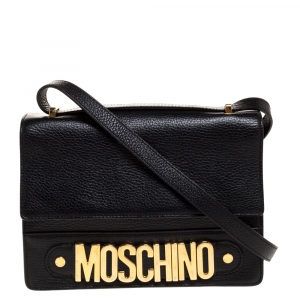 Pre Owned Moschino Black Leather Logo Flap Shoulder Bag