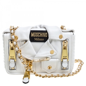 Pre Owned Moschino White Leather Capsule Biker Jacket Shoulder Bag