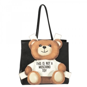 Moschino Black Textured Faux Leather Teddy Bear Tote