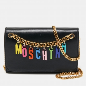 Moschino Black Leather Lettering Charm Wallet on Chain