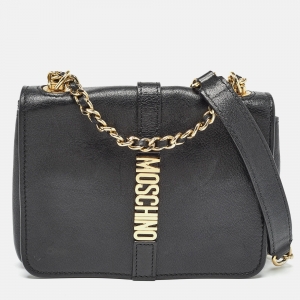 Moschino Black Leather Classic Logo Flap Shoulder Bag