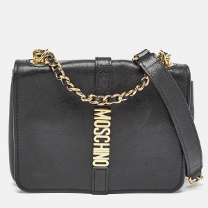Pre Owned Moschino Black Leather Classic Logo Flap Shoulder Bag