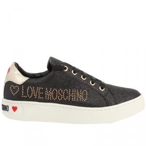 Love Moschino Black Glitter Fabric Lace Up Sneakers Size 40