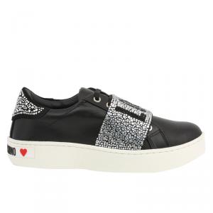 Love Moschino Black Glitter Faux Leather Platform Sneakers Size 40