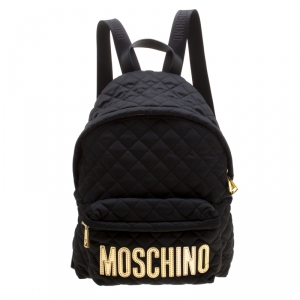 Pre Owned Moschino Black Quilted Nylon Large Logo Backpack