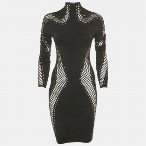 Pre Owned Mugler Black Nylon Knit Perforated Detail High Neck Bodycon Dress S