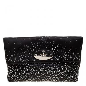 Mulberry Black Satin Embellished Clemmie Foldover Clutch