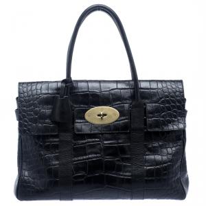 Pre Owned Mulberry Black Croc Embossed Leather Bayswater Satchel
