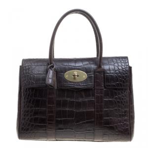 Mulberry Dark Brown Croc Embossed Leather Bayswater Satchel
