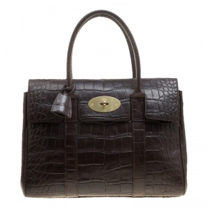 Mulberry Dark Brown Croc Embossed Leather Bayswater Satchel