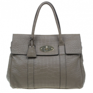 Pre Owned Mulberry Taupe Soft Croc Printed Bayswater Satchel