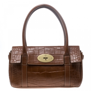 Mulberry Brown Croc Embossed Leather East West Bayswater Satchel
