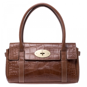 Mulberry Brown Croc Embossed Leather East West Bayswater Satchel