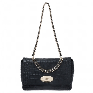 Mulberry Black Croc Embossed Leather Medium Lily Shoulder Bag