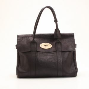 Pre Owned Mulberry Black Soft Croc Printed Bayswater Satchel
