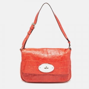 Mulberry Coral Red Croc Embossed Leather Shoulder Bag