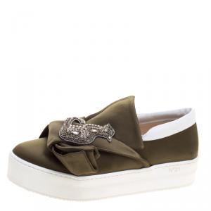 N21 Olive Green Satin Crystal Embellished Bow Slip on Sneakers Size 39