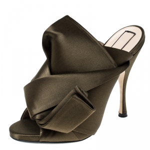 N21 Olive Green Satin Raso Knot Peep Toe Mules Size 38.5