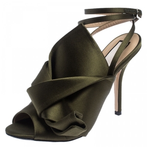 N°21 Green Satin Ronny Pleated Ankle Wrap Peep Toe Sandals Size 37