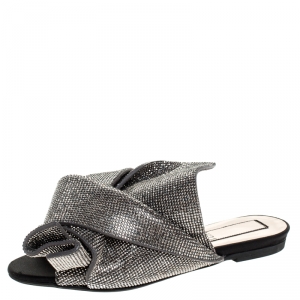 Pre Owned N21 Metallic Brown Leather Crystal Embellished Bow Mules Size 36