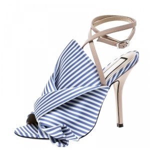 N 21 Blue/White Stripe Knotted Satin Gingham Ankle Wrap Peep Toe Sandals 37