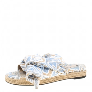 N21 Beige Leather And Blue/White Lace Knot Espadrille Flat Slides Size 39