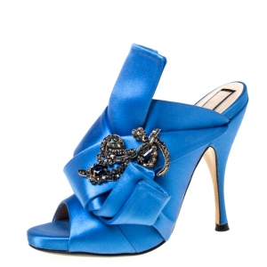 N°21 Blue Embellished Satin Knot Mules Sandals Size 36
