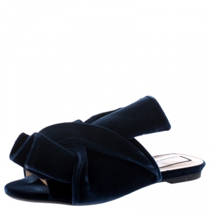 N21 Dark Blue Velvet Knot Flat Mules Size 38