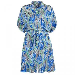 Pre Owned Kenzo Multicolor Printed Silk Short Sleeve Belted Shirt Dress L