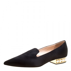 Nicholas Kirkwood Black Satin Casati Faux Pearl Heel Pointed Toe Loafers Size 36.5