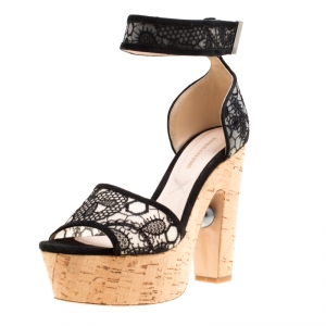 Nicholas Kirkwood Black Lace Maya Pearl Platform Ankle Strap Sandals Size 38