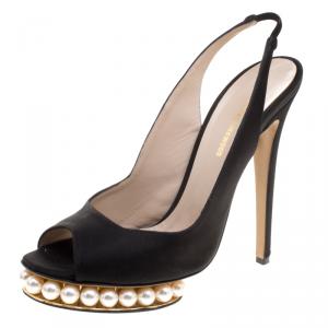 Nicholas Kirkwood Black Satin And Pearl Embellished Platform Slingback Sandals Size 40
